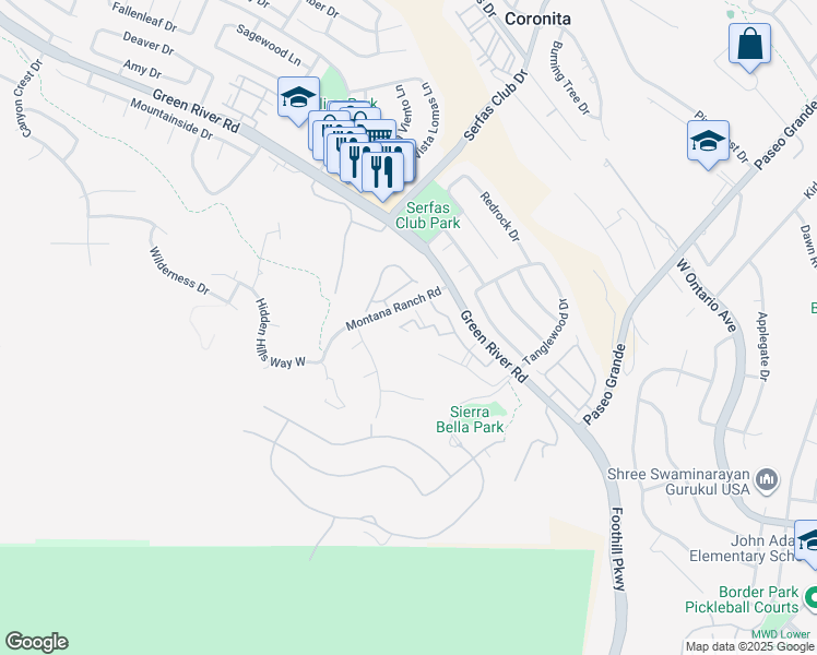 map of restaurants, bars, coffee shops, grocery stores, and more near 2500 San Gabriel Way in Corona