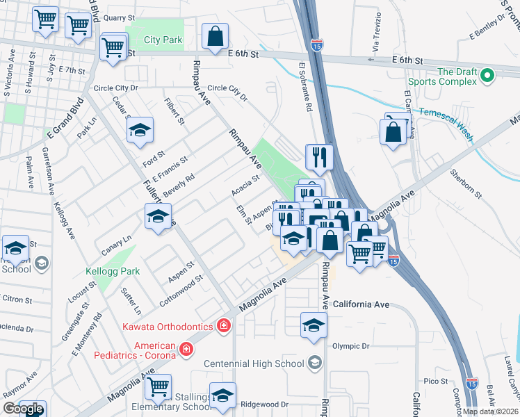 map of restaurants, bars, coffee shops, grocery stores, and more near 1125 Aspen Street in Corona