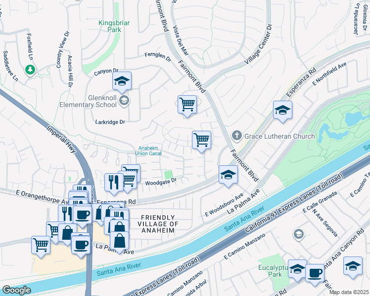 map of restaurants, bars, coffee shops, grocery stores, and more near 6478 Horse Shoe Lane in Yorba Linda
