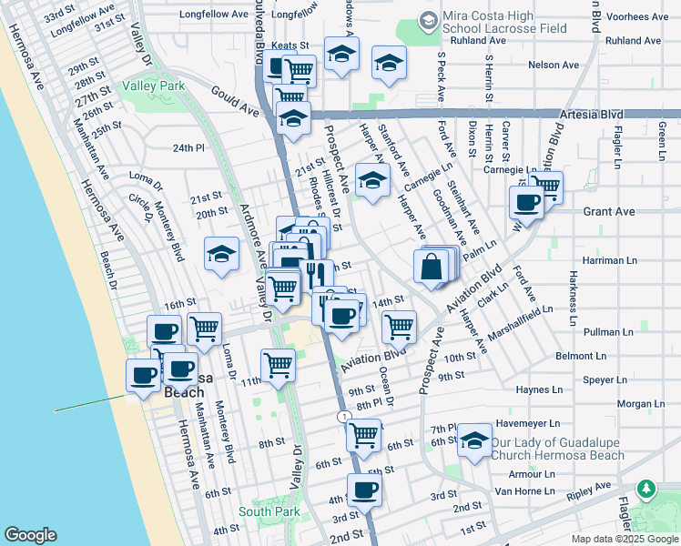 map of restaurants, bars, coffee shops, grocery stores, and more near 905 15th Place in Hermosa Beach
