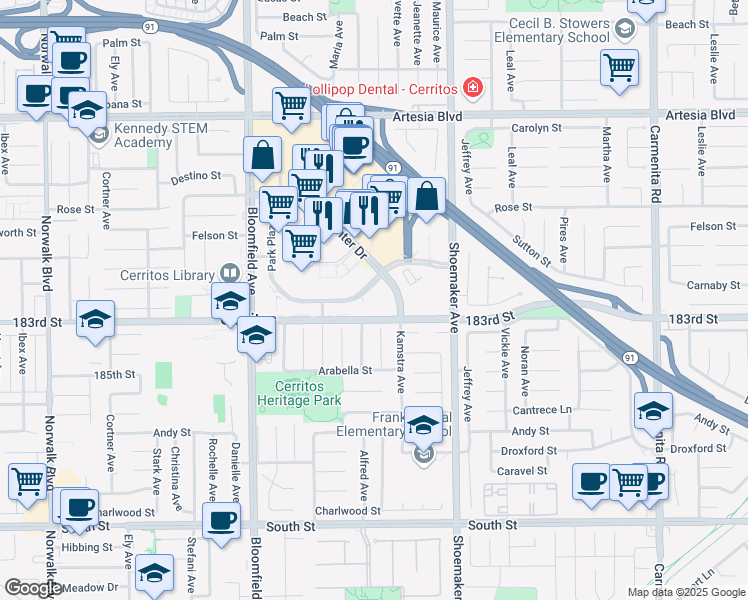 map of restaurants, bars, coffee shops, grocery stores, and more near 12898 Towne Center Drive in Cerritos