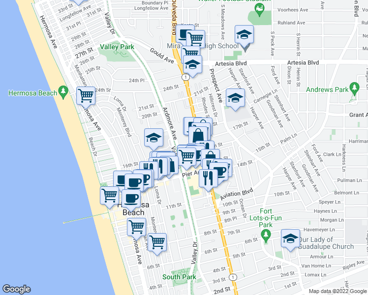 map of restaurants, bars, coffee shops, grocery stores, and more near 1600 Ardmore Avenue in Hermosa Beach