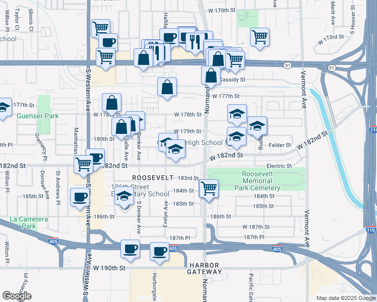 map of restaurants, bars, coffee shops, grocery stores, and more near 1414 180th Street in Gardena