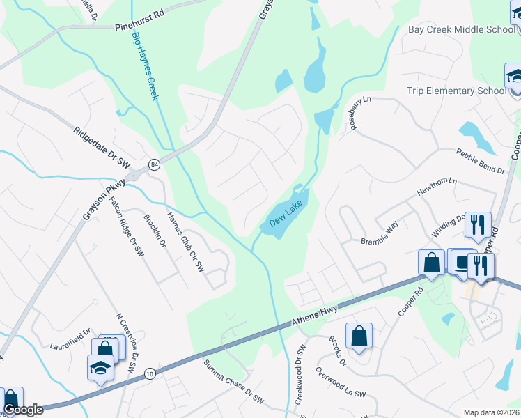 map of restaurants, bars, coffee shops, grocery stores, and more near 2602 Haynes Meadow Court Southwest in Grayson