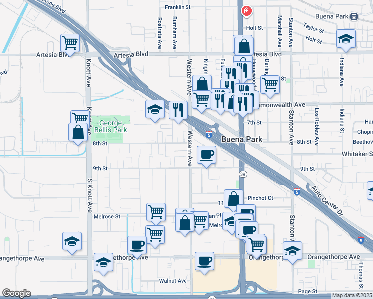 map of restaurants, bars, coffee shops, grocery stores, and more near 7465 Western Bay Drive in Buena Park