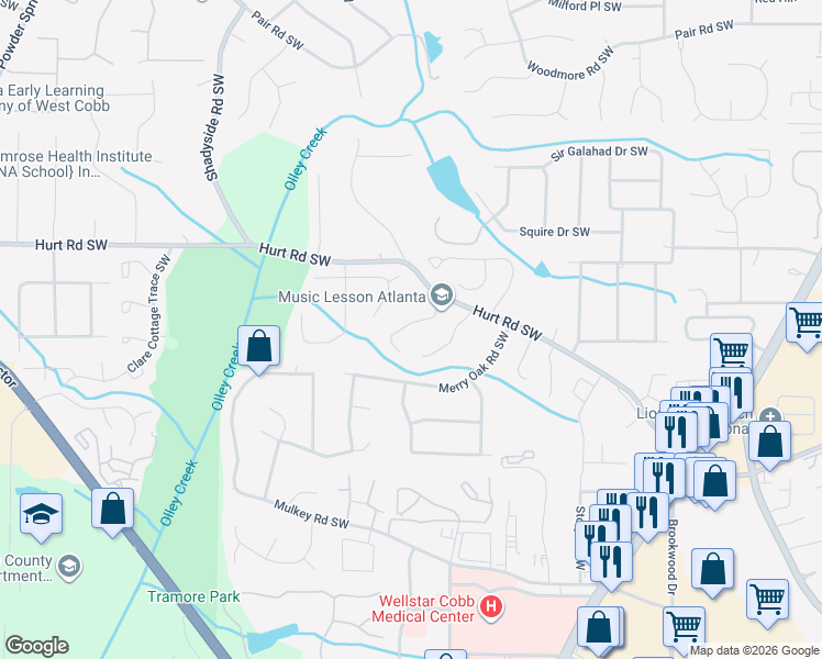 map of restaurants, bars, coffee shops, grocery stores, and more near 3568 Main Station Drive Southwest in Marietta