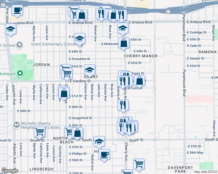 map of restaurants, bars, coffee shops, grocery stores, and more near 1723 East Curry Street in Long Beach