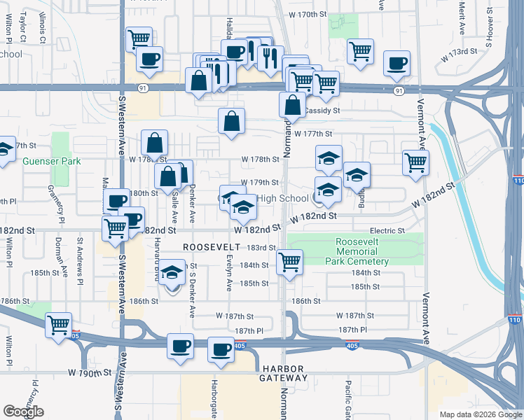 map of restaurants, bars, coffee shops, grocery stores, and more near 1414 180th Street in Gardena