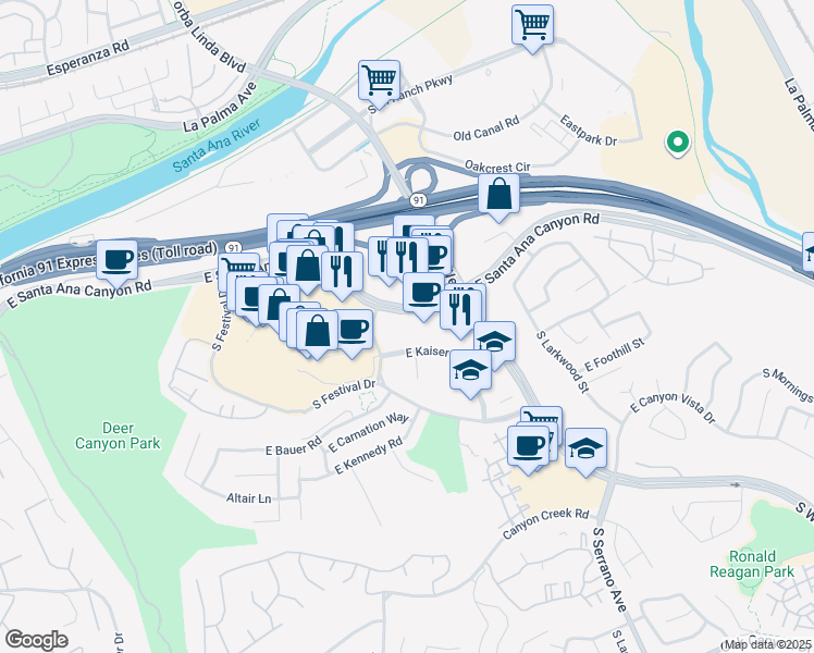 map of restaurants, bars, coffee shops, grocery stores, and more near 8141 East Kaiser Boulevard in Anaheim