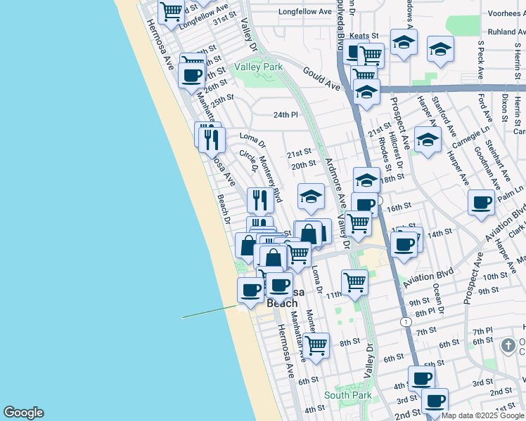 map of restaurants, bars, coffee shops, grocery stores, and more near 1745 Manhattan Avenue in Hermosa Beach