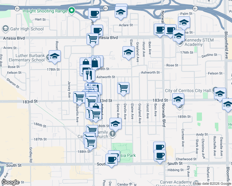 map of restaurants, bars, coffee shops, grocery stores, and more near 18103 Seine Avenue in Artesia