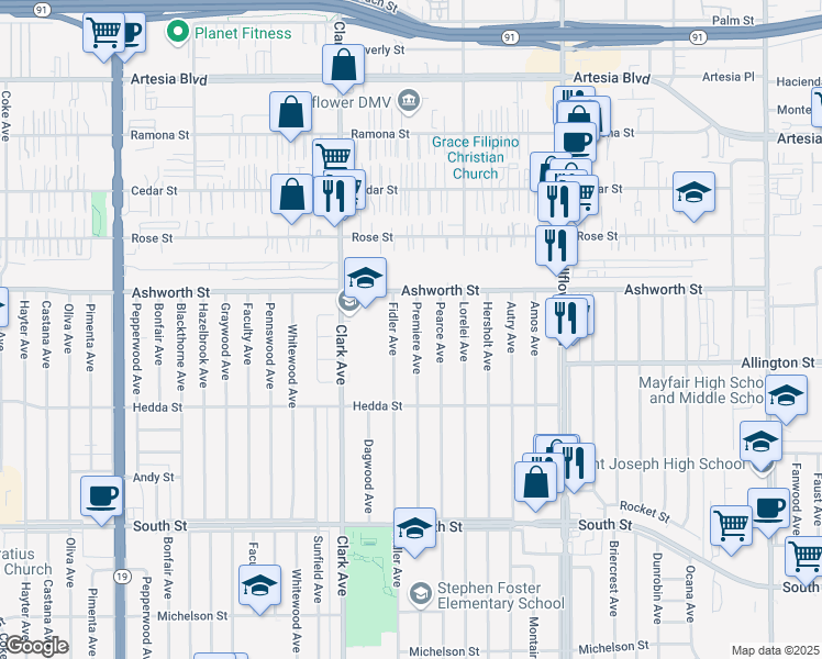 map of restaurants, bars, coffee shops, grocery stores, and more near 6123 Premiere Avenue in Lakewood