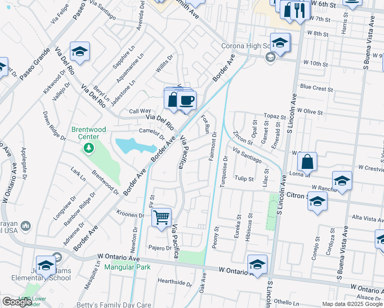 map of restaurants, bars, coffee shops, grocery stores, and more near 1284 Mayfair Drive in Corona