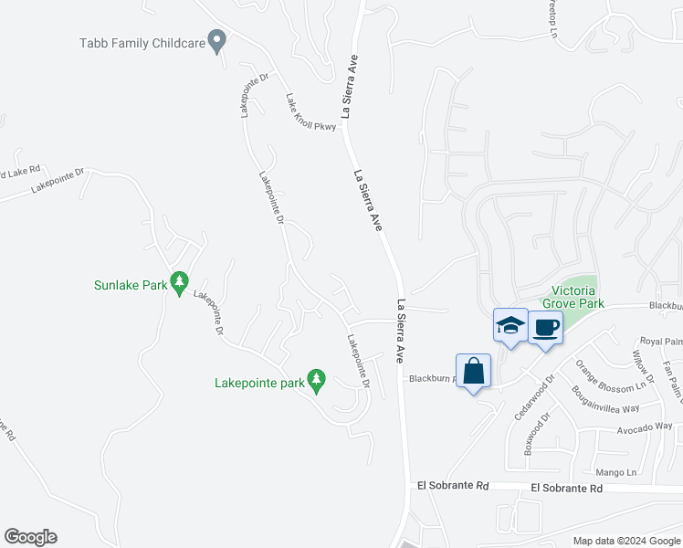 map of restaurants, bars, coffee shops, grocery stores, and more near 17416 Meadow Rock Drive in Riverside