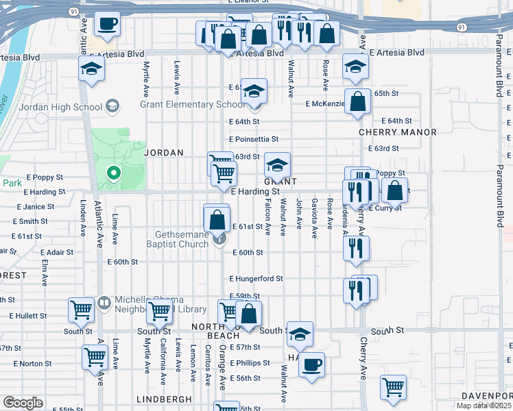 map of restaurants, bars, coffee shops, grocery stores, and more near 6160 Gundry Avenue in Long Beach