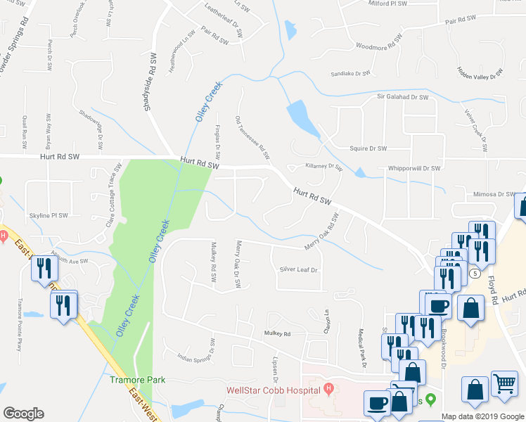 map of restaurants, bars, coffee shops, grocery stores, and more near 3569 Main Station Drive Southwest in Marietta