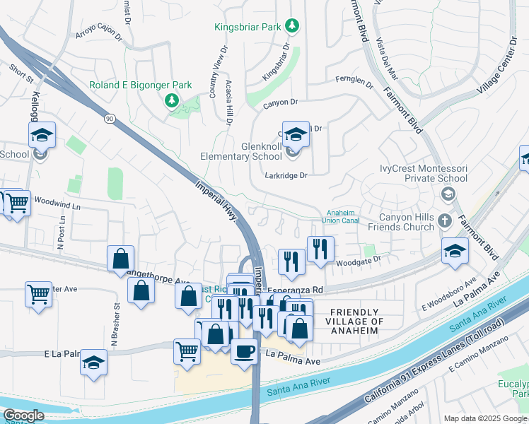 map of restaurants, bars, coffee shops, grocery stores, and more near 6621 Bridle Circle in Yorba Linda