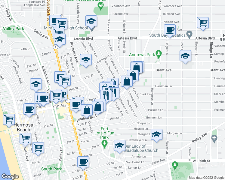 map of restaurants, bars, coffee shops, grocery stores, and more near 1415 Stanford Avenue in Redondo Beach