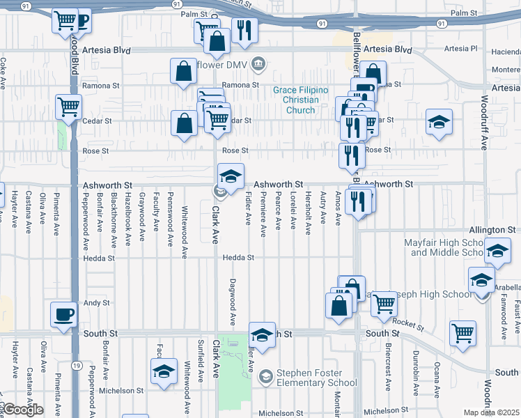 map of restaurants, bars, coffee shops, grocery stores, and more near 6123 Premiere Avenue in Lakewood