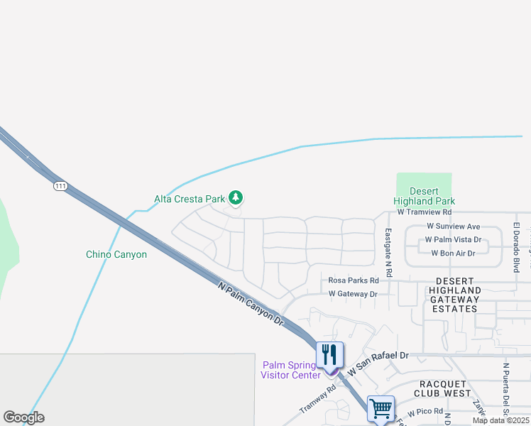 map of restaurants, bars, coffee shops, grocery stores, and more near 1002 Alta Cresta in Palm Springs