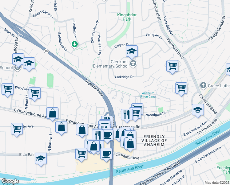 map of restaurants, bars, coffee shops, grocery stores, and more near 6621 Bridle Circle in Yorba Linda