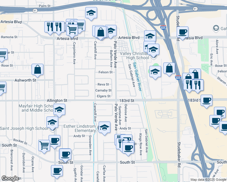 map of restaurants, bars, coffee shops, grocery stores, and more near 18026 Balfern Avenue in Bellflower