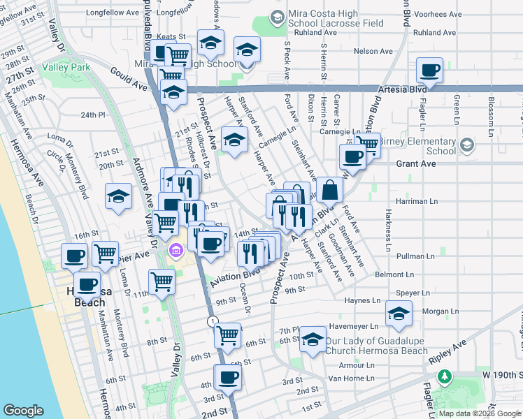 map of restaurants, bars, coffee shops, grocery stores, and more near 1517 Golden Avenue in Hermosa Beach