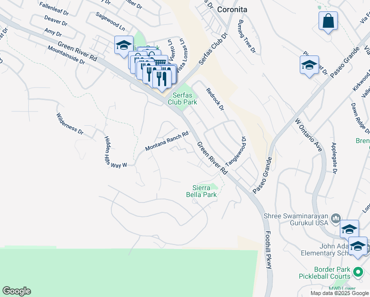 map of restaurants, bars, coffee shops, grocery stores, and more near 2400 San Gabriel Way in Corona