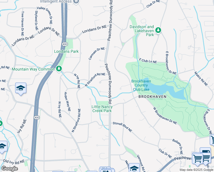 map of restaurants, bars, coffee shops, grocery stores, and more near 4084 Peachtree Dunwoody Road in Atlanta