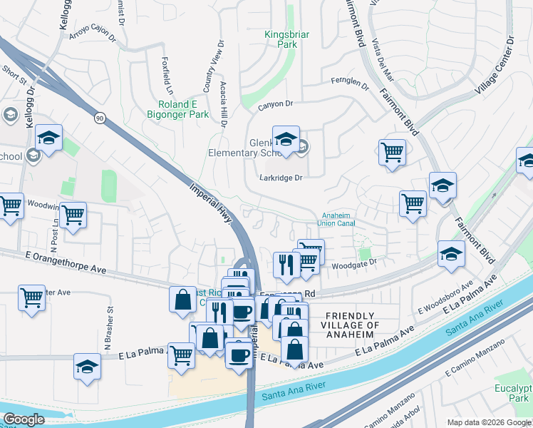 map of restaurants, bars, coffee shops, grocery stores, and more near 6521 Fairlynn Boulevard in Yorba Linda