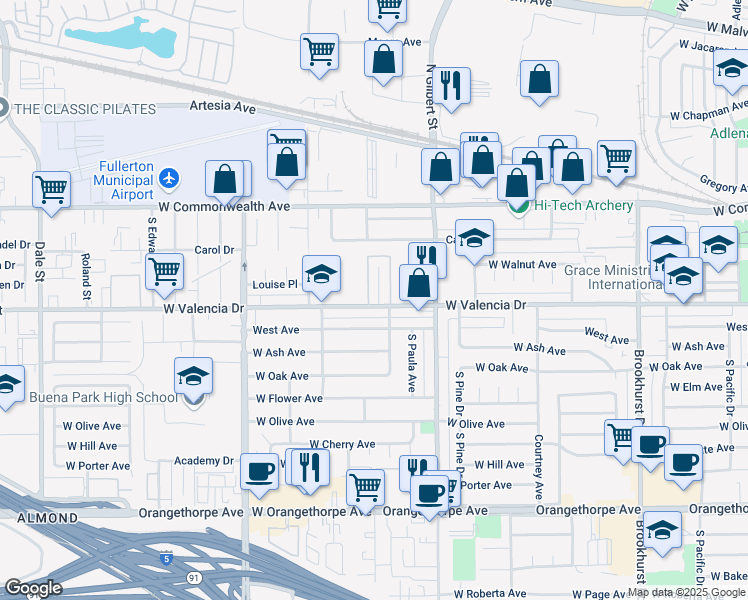 map of restaurants, bars, coffee shops, grocery stores, and more near 249 Jensen Way in Fullerton