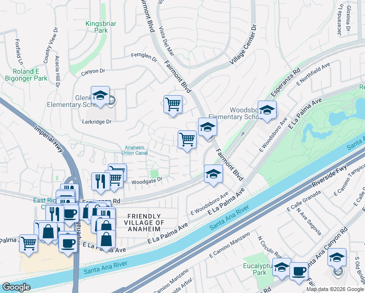 map of restaurants, bars, coffee shops, grocery stores, and more near 20158 Waverly Glen Street in Yorba Linda