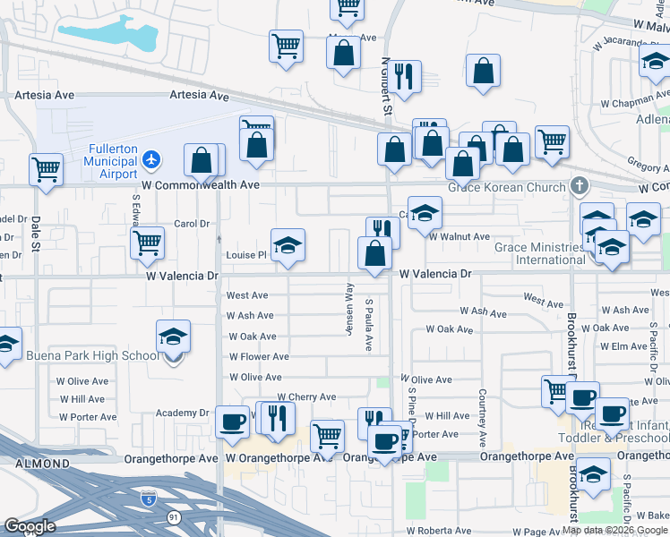map of restaurants, bars, coffee shops, grocery stores, and more near 236 Jensen Way in Fullerton