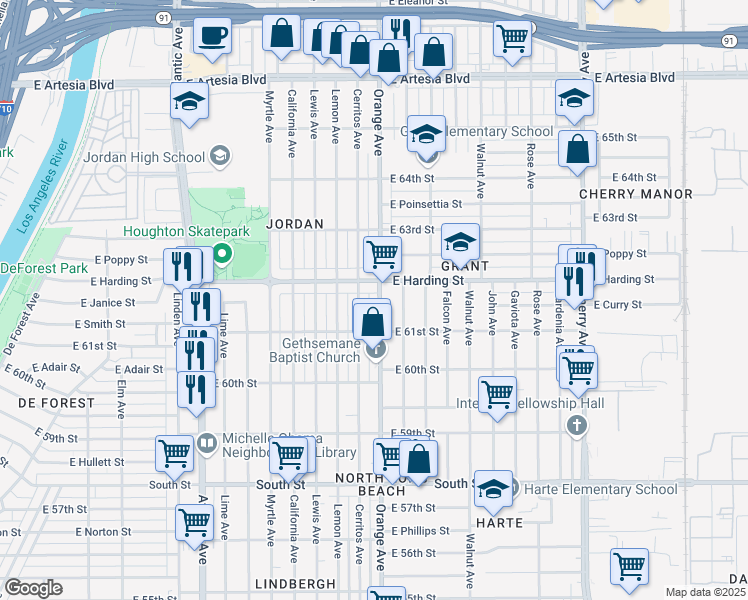 map of restaurants, bars, coffee shops, grocery stores, and more near 6161 Orange Avenue in Long Beach