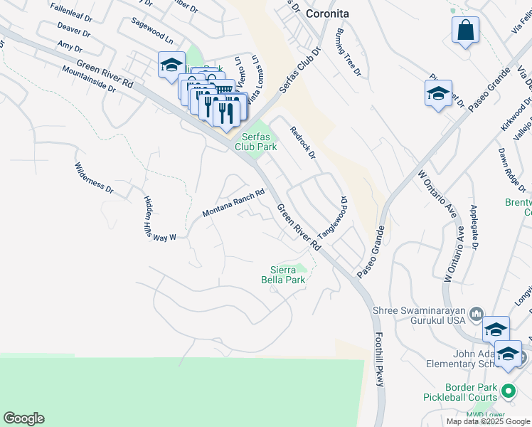 map of restaurants, bars, coffee shops, grocery stores, and more near 2400 Del Mar Way in Corona