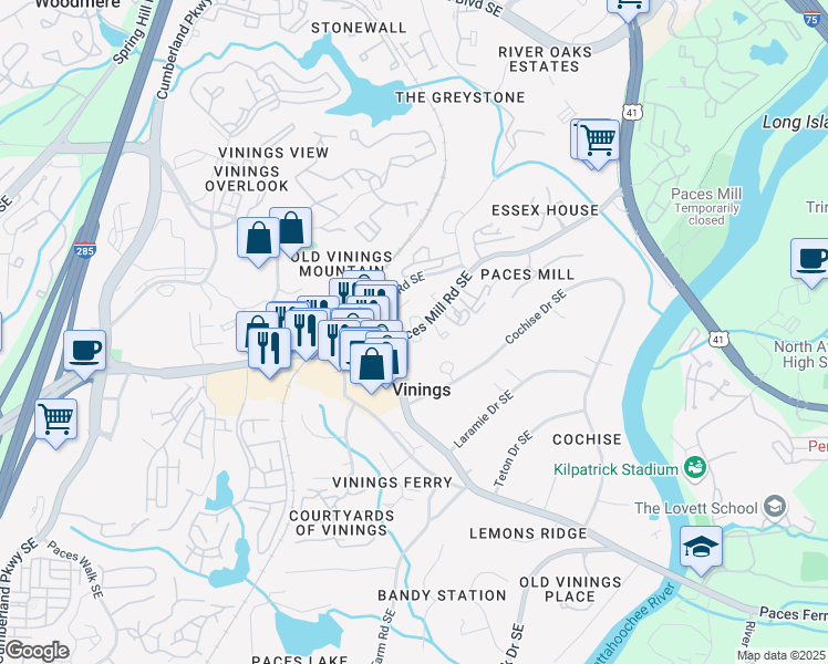 map of restaurants, bars, coffee shops, grocery stores, and more near 3057 Paces Mill Road Southeast in Atlanta