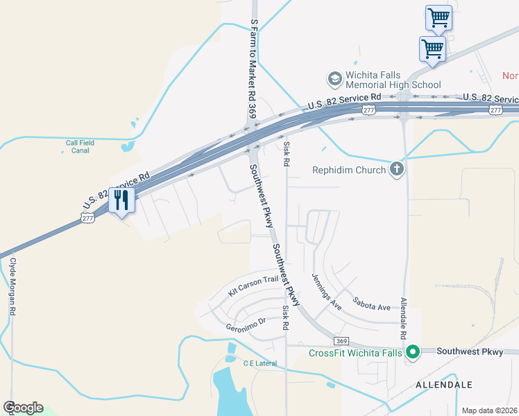 map of restaurants, bars, coffee shops, grocery stores, and more near 6747 Southwest Parkway in Wichita Falls