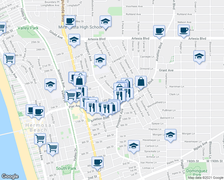 map of restaurants, bars, coffee shops, grocery stores, and more near 1517 Golden Avenue in Hermosa Beach