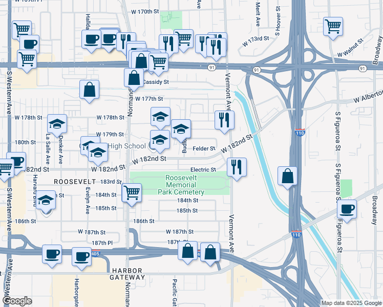 map of restaurants, bars, coffee shops, grocery stores, and more near 1142 Felder Street in Gardena