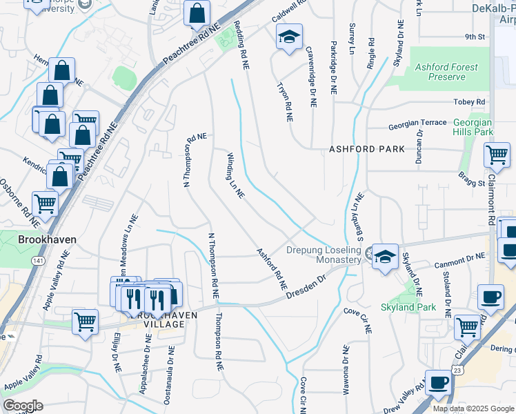map of restaurants, bars, coffee shops, grocery stores, and more near 2711 Winding Lane Northeast in Atlanta