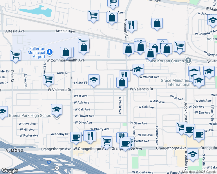 map of restaurants, bars, coffee shops, grocery stores, and more near 249 Jensen Way in Fullerton