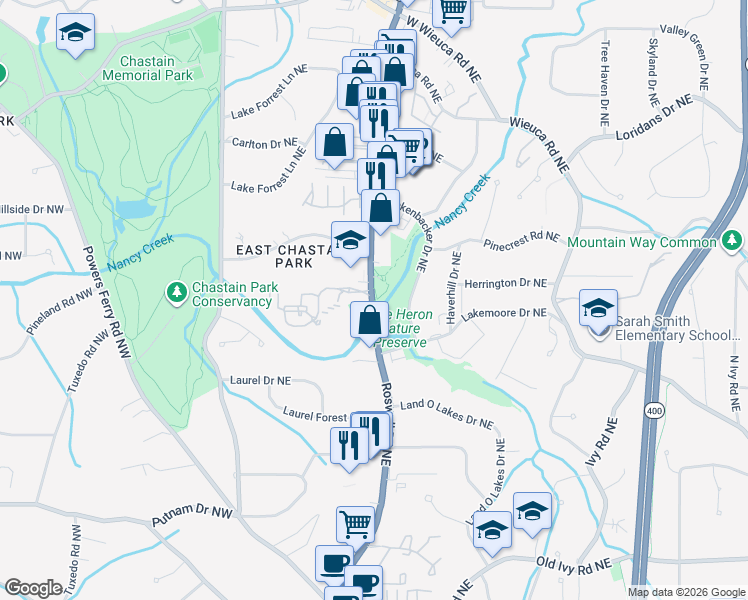 map of restaurants, bars, coffee shops, grocery stores, and more near 4090 Roswell Road Northeast in Atlanta