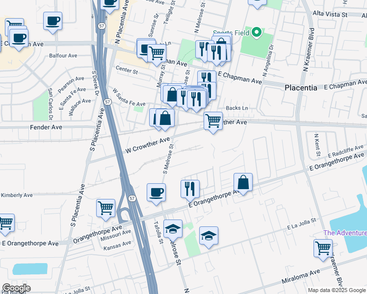 map of restaurants, bars, coffee shops, grocery stores, and more near 190 East Crowther Avenue in Placentia