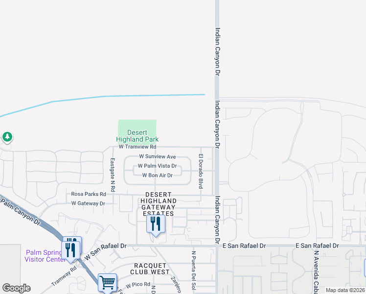 map of restaurants, bars, coffee shops, grocery stores, and more near 295 West Tramview Road in Palm Springs