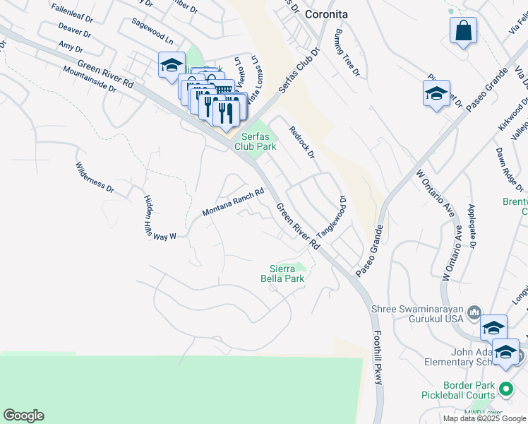 map of restaurants, bars, coffee shops, grocery stores, and more near 2400 Del Mar Way in Corona
