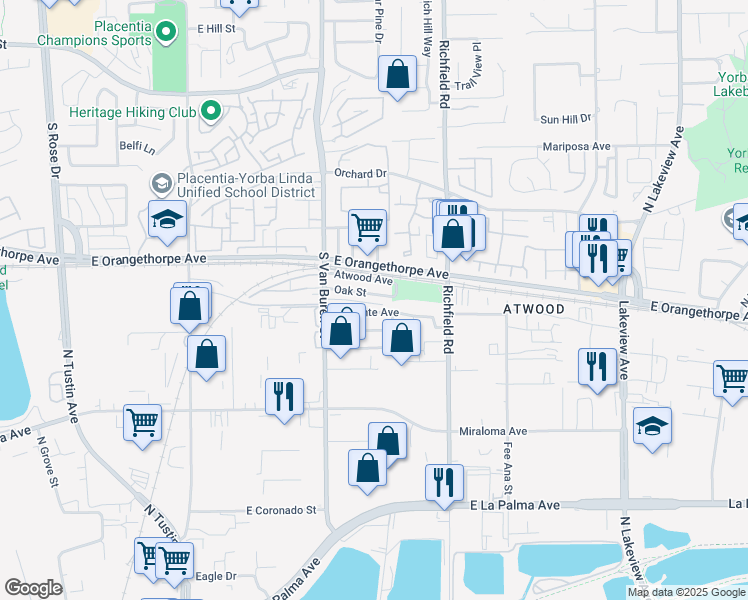 map of restaurants, bars, coffee shops, grocery stores, and more near 1645 Oak Street in Placentia