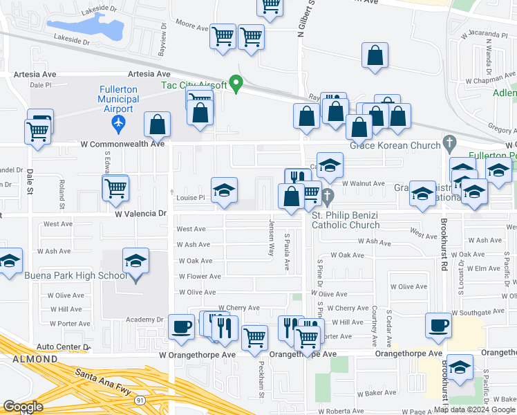 map of restaurants, bars, coffee shops, grocery stores, and more near 236 Jensen Way in Fullerton