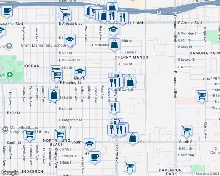 map of restaurants, bars, coffee shops, grocery stores, and more near 1826 East Harding Street in Long Beach