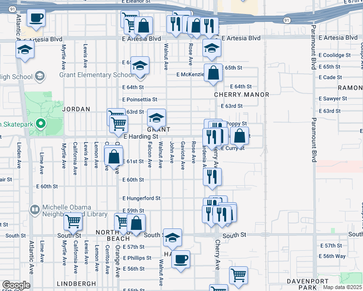 map of restaurants, bars, coffee shops, grocery stores, and more near 1702 East Harding Street in Long Beach