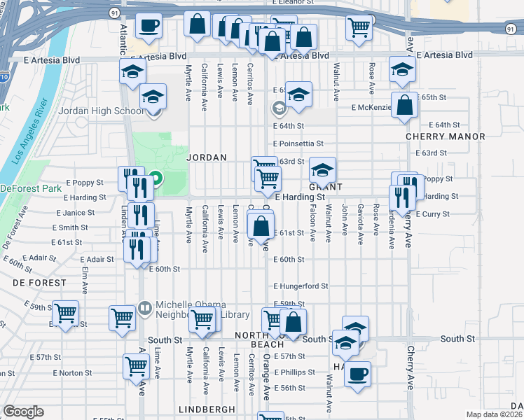 map of restaurants, bars, coffee shops, grocery stores, and more near 6191 Orange Avenue in Long Beach